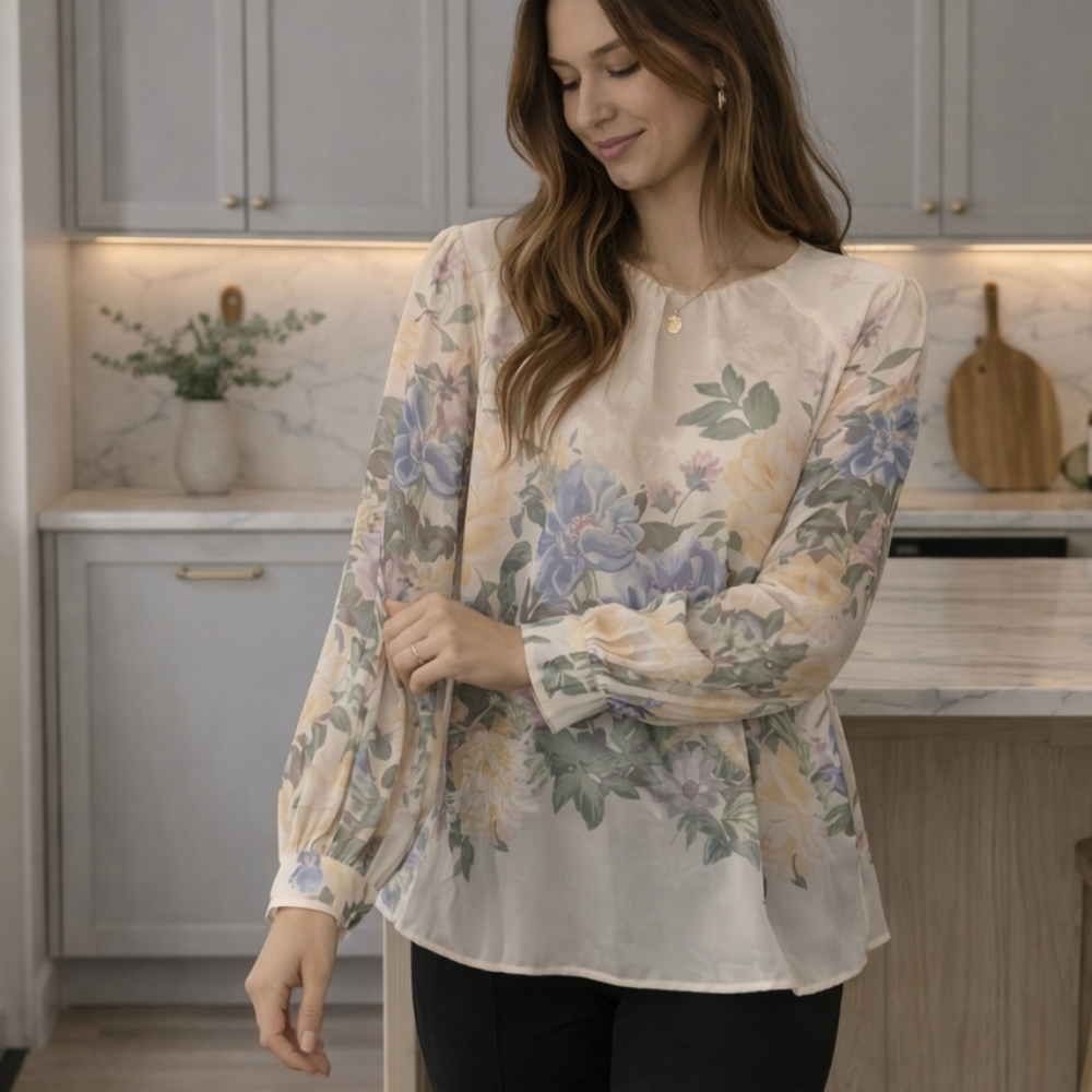 Zara Cream Floral Blouse with Multicolor Design